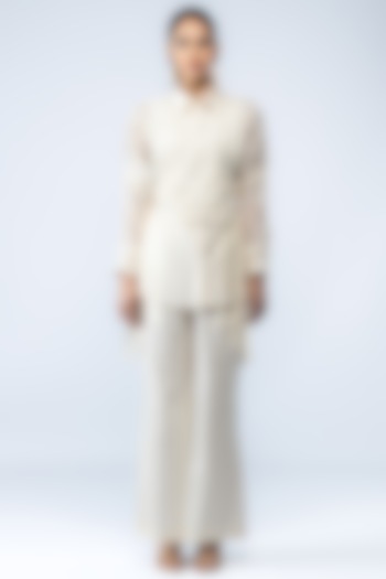 Ivory Chanderi Silk & Satin Cotton Marine Embroidered Co-ord Set by ANGSA BY NIDHIR & SHELLY at Pernia's Pop Up Shop