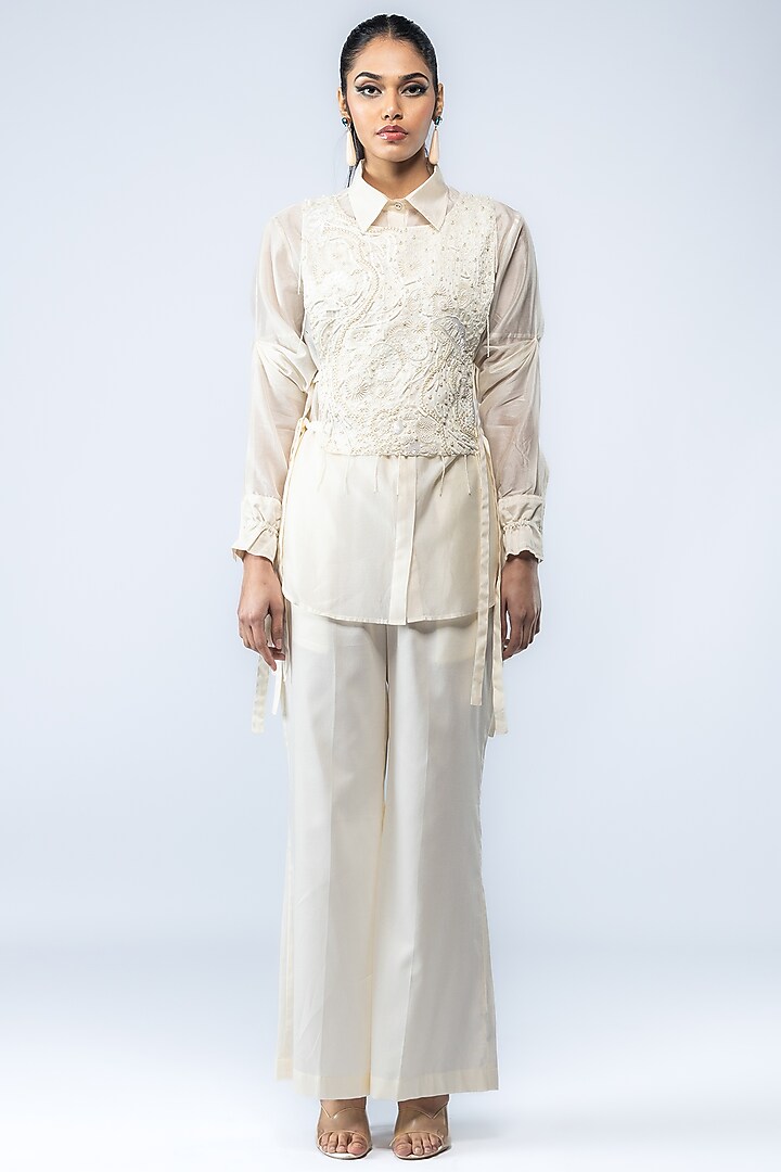 Ivory Chanderi Silk & Satin Cotton Marine Embroidered Co-ord Set by ANGSA BY NIDHIR & SHELLY at Pernia's Pop Up Shop