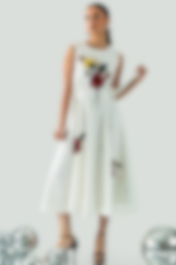 Ivory Banana Crepe Floral Hand Embroidered Midi Vacation Dress by ANGSA BY NIDHIR & SHELLY at Pernia's Pop Up Shop