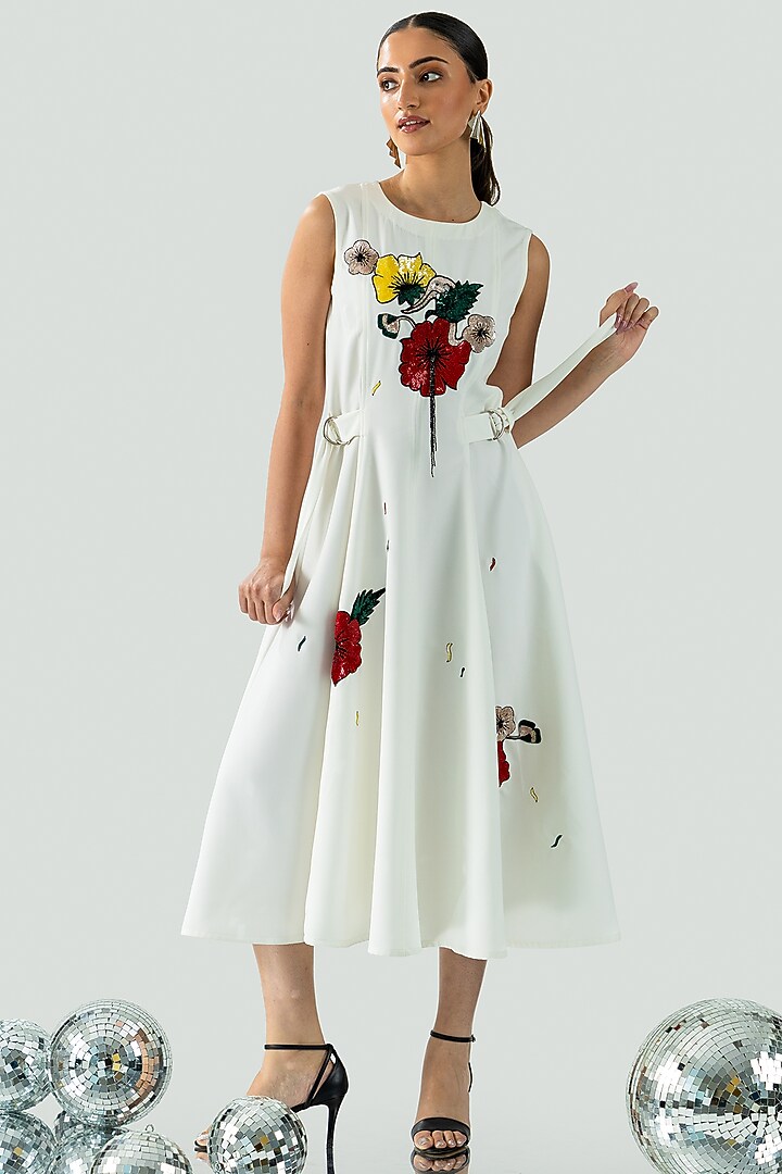 Ivory Banana Crepe Floral Hand Embroidered Midi Vacation Dress by ANGSA BY NIDHIR & SHELLY at Pernia's Pop Up Shop