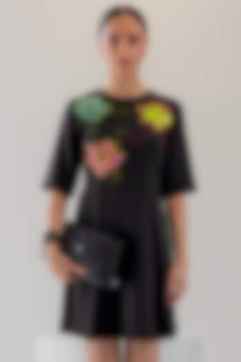 Black Banana Crepe Floral Hand Embroidered Mini Vacation Dress by ANGSA BY NIDHIR & SHELLY at Pernia's Pop Up Shop