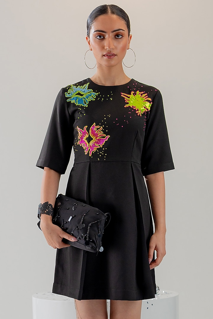 Black Banana Crepe Floral Hand Embroidered Mini Vacation Dress by ANGSA BY NIDHIR & SHELLY at Pernia's Pop Up Shop