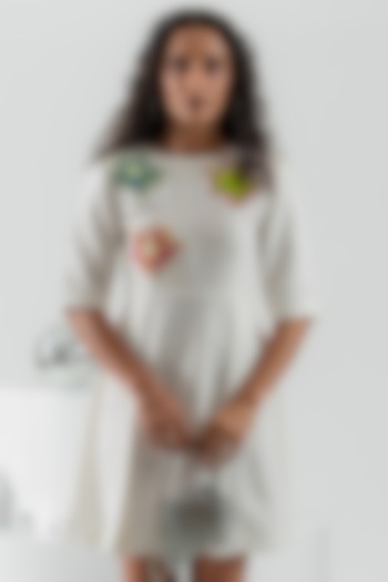Ivory Banana Crepe Floral Hand Embroidered Mini Vacation Dress by ANGSA BY NIDHIR & SHELLY at Pernia's Pop Up Shop
