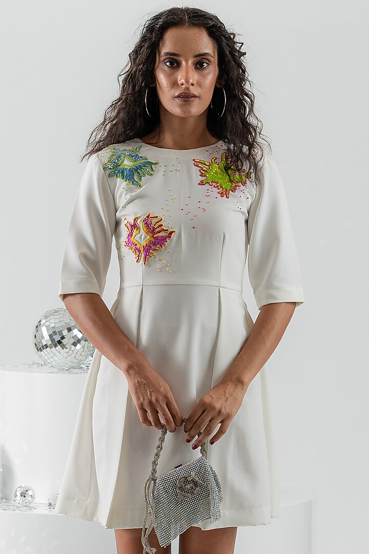 Ivory Banana Crepe Floral Hand Embroidered Mini Vacation Dress by ANGSA BY NIDHIR & SHELLY at Pernia's Pop Up Shop