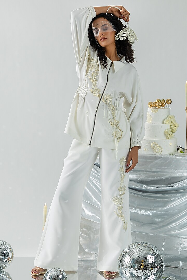 Ivory Banana Crepe Beads & Sequins Hand Embroidered Co-ord Set by ANGSA BY NIDHIR & SHELLY at Pernia's Pop Up Shop