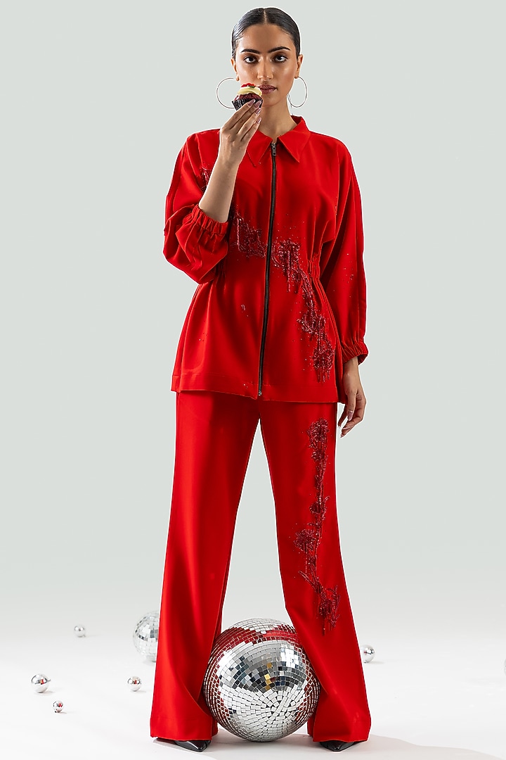 Red Banana Crepe Beads & Sequins Hand Embroidered Co-ord Set by ANGSA BY NIDHIR & SHELLY at Pernia's Pop Up Shop