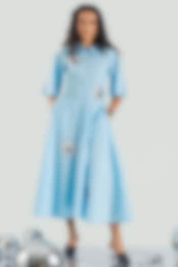 Sky Blue Cotton Hand Applique Embroidered Asymmetrical Vacation Dress by ANGSA BY NIDHIR & SHELLY at Pernia's Pop Up Shop