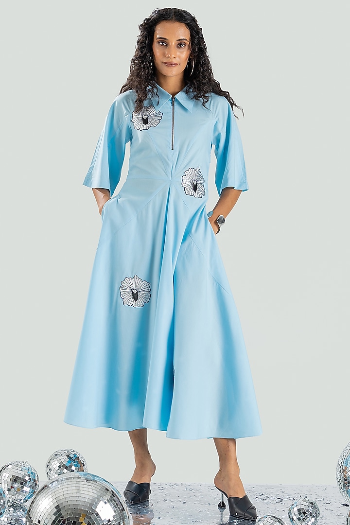 Sky Blue Cotton Hand Applique Embroidered Asymmetrical Vacation Dress by ANGSA BY NIDHIR & SHELLY at Pernia's Pop Up Shop