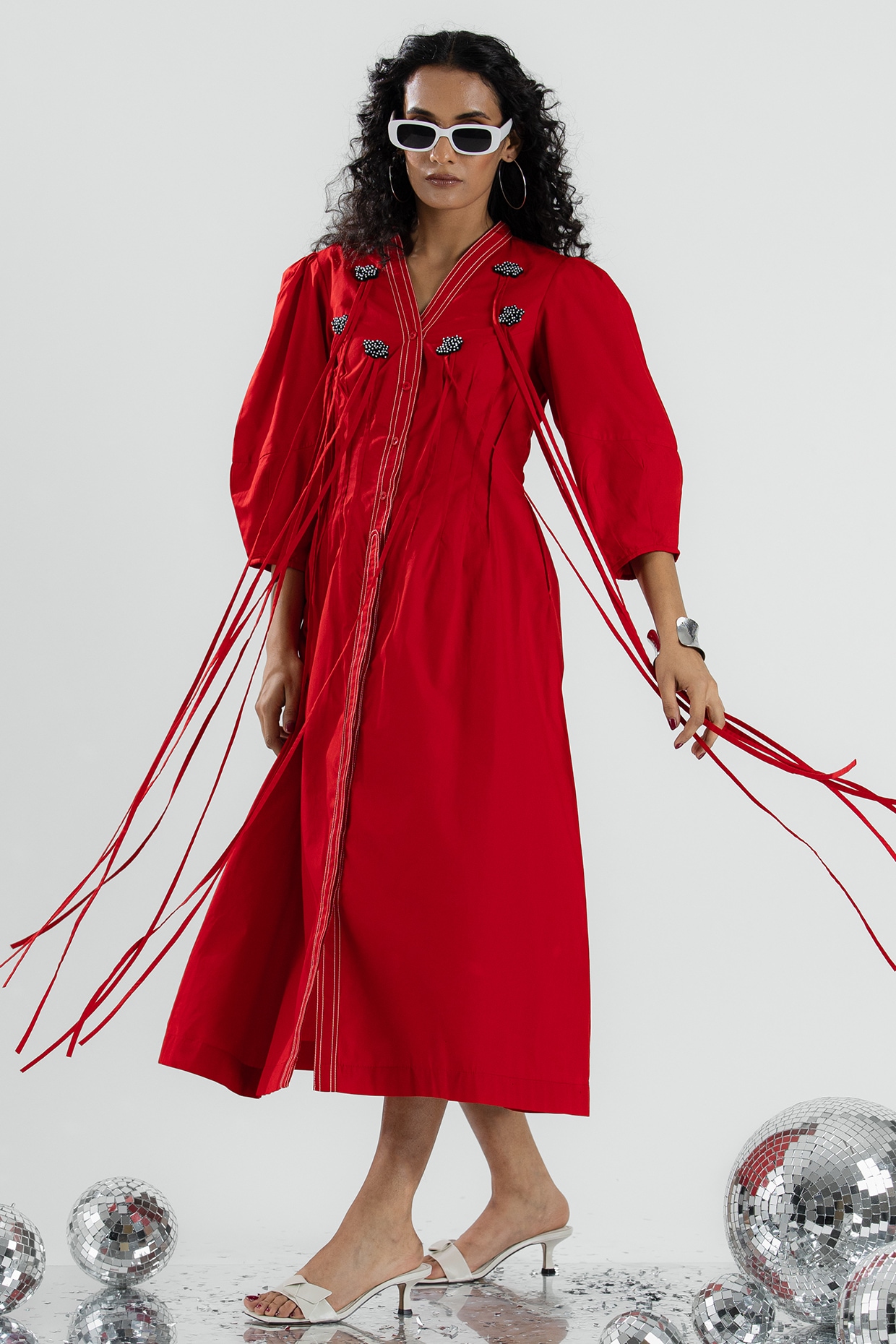 ANGSA BY NIDHIR & SHELLY Red Cotton Sequin & Bead Hand Embroidered Midi Dress