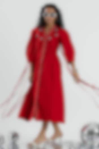 Red Cotton Sequin & Bead Hand Embroidered Midi Summer Dress by ANGSA BY NIDHIR & SHELLY at Pernia's Pop Up Shop