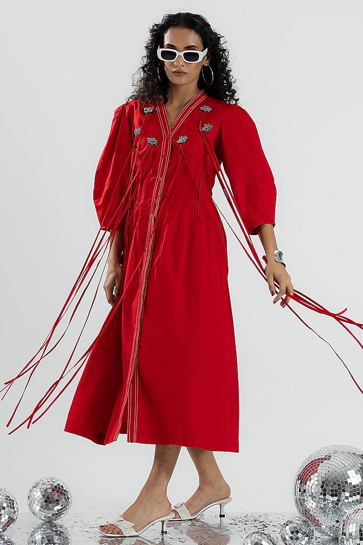 Red Cotton Sequin & Bead Hand Embroidered Midi Summer Dress by ANGSA BY NIDHIR & SHELLY at Pernia's Pop Up Shop