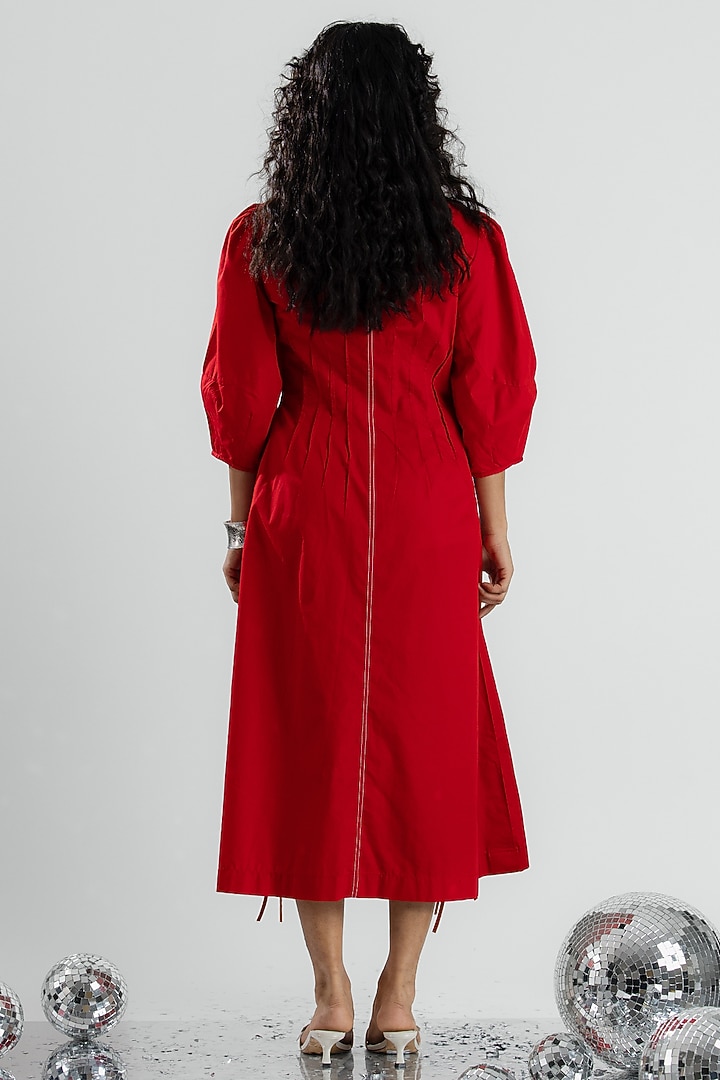 Red Cotton Sequin & Bead Hand Embroidered Midi Summer Dress by ANGSA BY NIDHIR & SHELLY at Pernia's Pop Up Shop