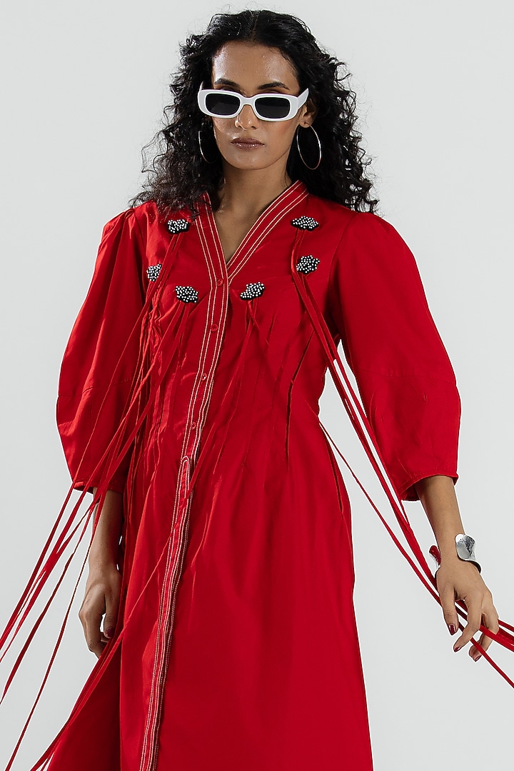 Red Cotton Sequin & Bead Hand Embroidered Midi Summer Dress by ANGSA BY NIDHIR & SHELLY at Pernia's Pop Up Shop