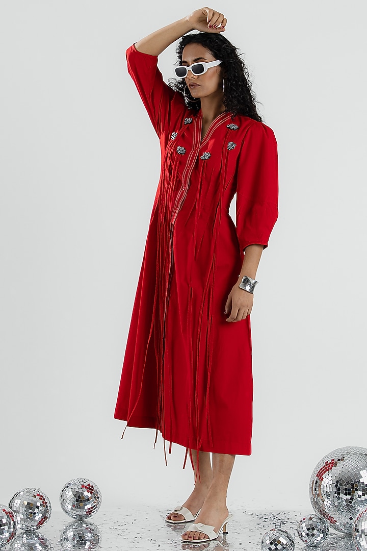 Red Cotton Sequin & Bead Hand Embroidered Midi Summer Dress by ANGSA BY NIDHIR & SHELLY at Pernia's Pop Up Shop