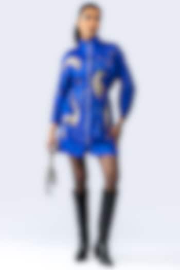 Royal Blue Cotton Hand Applique Embroidered Mini Vacation Dress by ANGSA BY NIDHIR & SHELLY at Pernia's Pop Up Shop