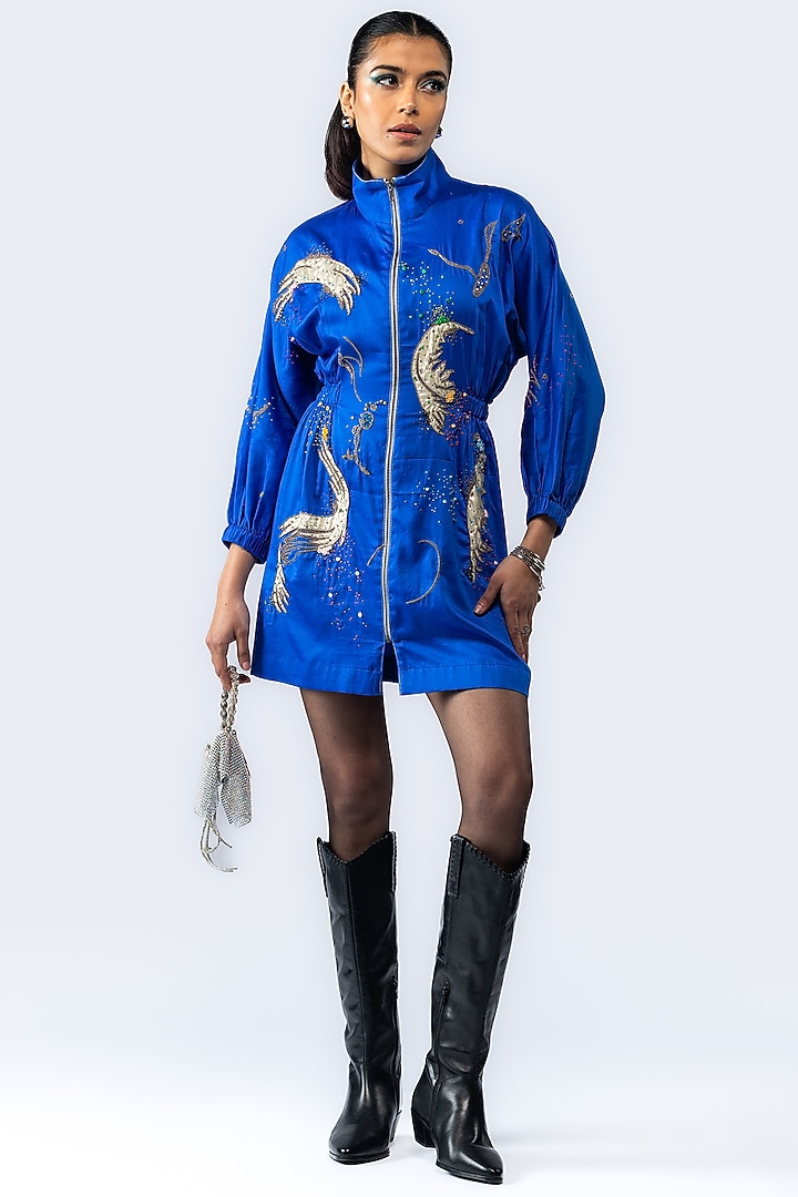 Royal Blue Cotton Hand Applique Embroidered Mini Vacation Dress by ANGSA BY NIDHIR & SHELLY at Pernia's Pop Up Shop