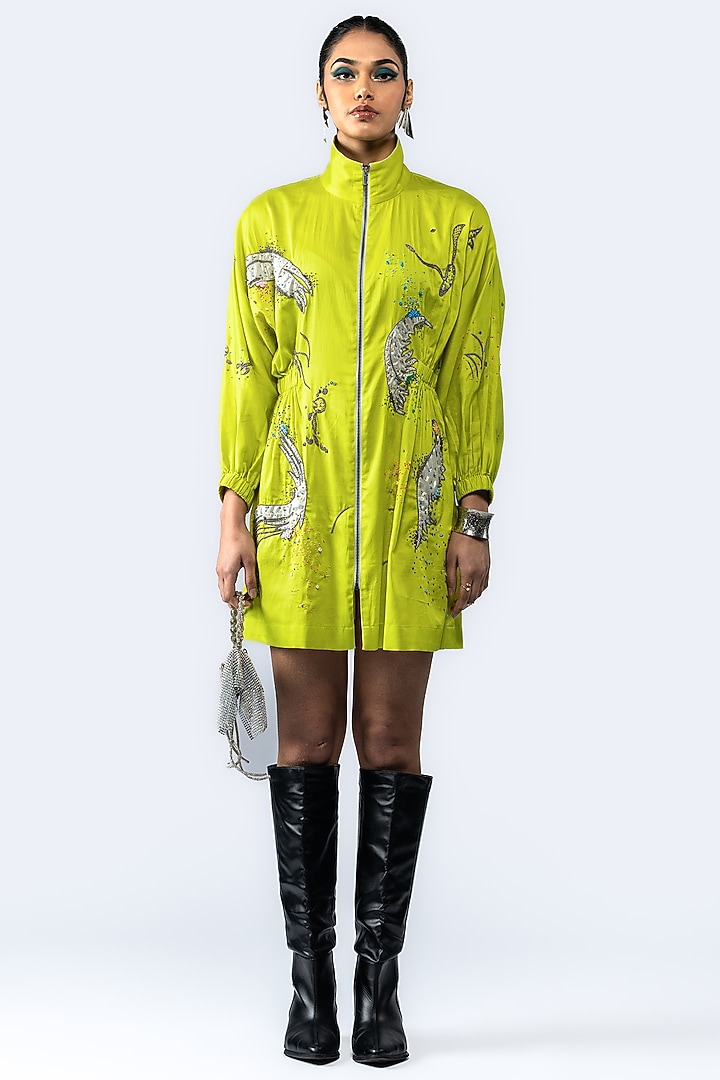 Lime Green Cotton Hand Applique Embroidered Mini Vacation Dress by ANGSA BY NIDHIR & SHELLY at Pernia's Pop Up Shop