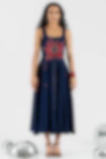 Blue Denim Hand Floral Embroidered Midi Vacation Dress by ANGSA BY NIDHIR & SHELLY at Pernia's Pop Up Shop