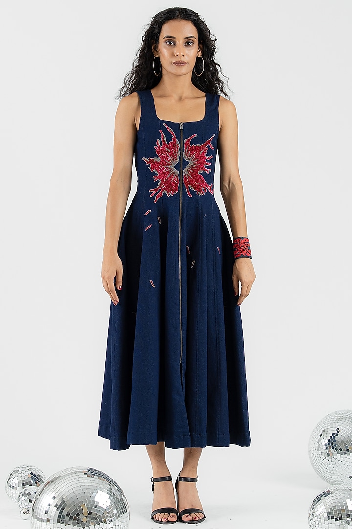 Blue Denim Hand Floral Embroidered Midi Vacation Dress by ANGSA BY NIDHIR & SHELLY at Pernia's Pop Up Shop