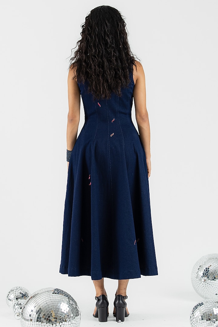 Blue Denim Hand Floral Embroidered Midi Vacation Dress by ANGSA BY NIDHIR & SHELLY at Pernia's Pop Up Shop