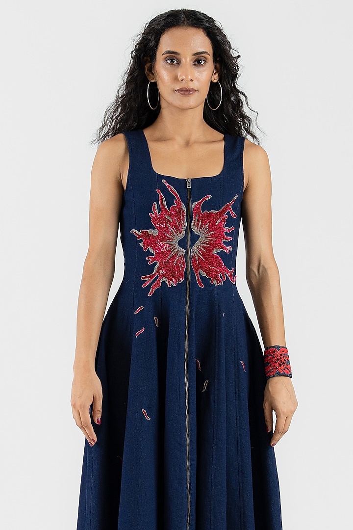 Blue Denim Hand Floral Embroidered Midi Vacation Dress by ANGSA BY NIDHIR & SHELLY at Pernia's Pop Up Shop