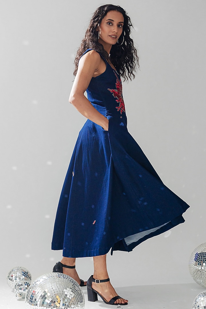 Blue Denim Hand Floral Embroidered Midi Vacation Dress by ANGSA BY NIDHIR & SHELLY at Pernia's Pop Up Shop