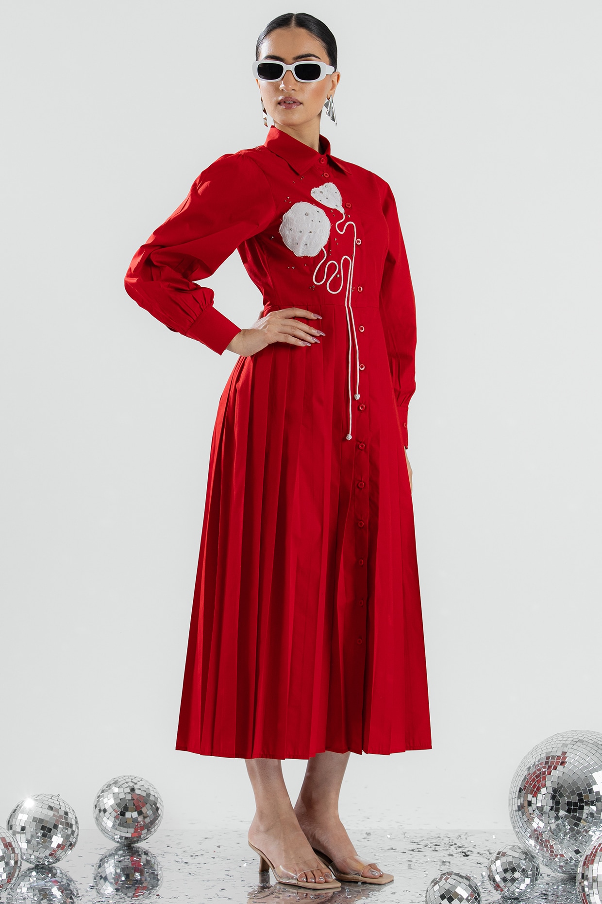 ANGSA BY NIDHIR & SHELLY Red Cotton Hand Floral Applique Embroidered Midi Dress