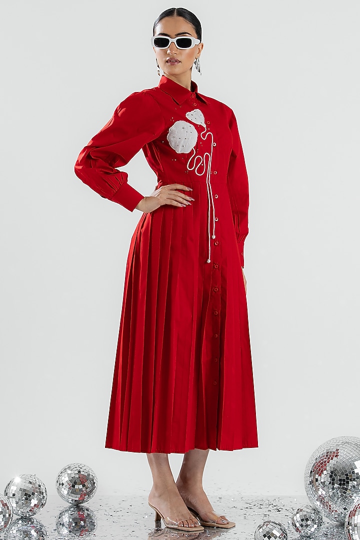 Red Cotton Hand Floral Applique Embroidered Midi Summer Dress by ANGSA BY NIDHIR & SHELLY at Pernia's Pop Up Shop