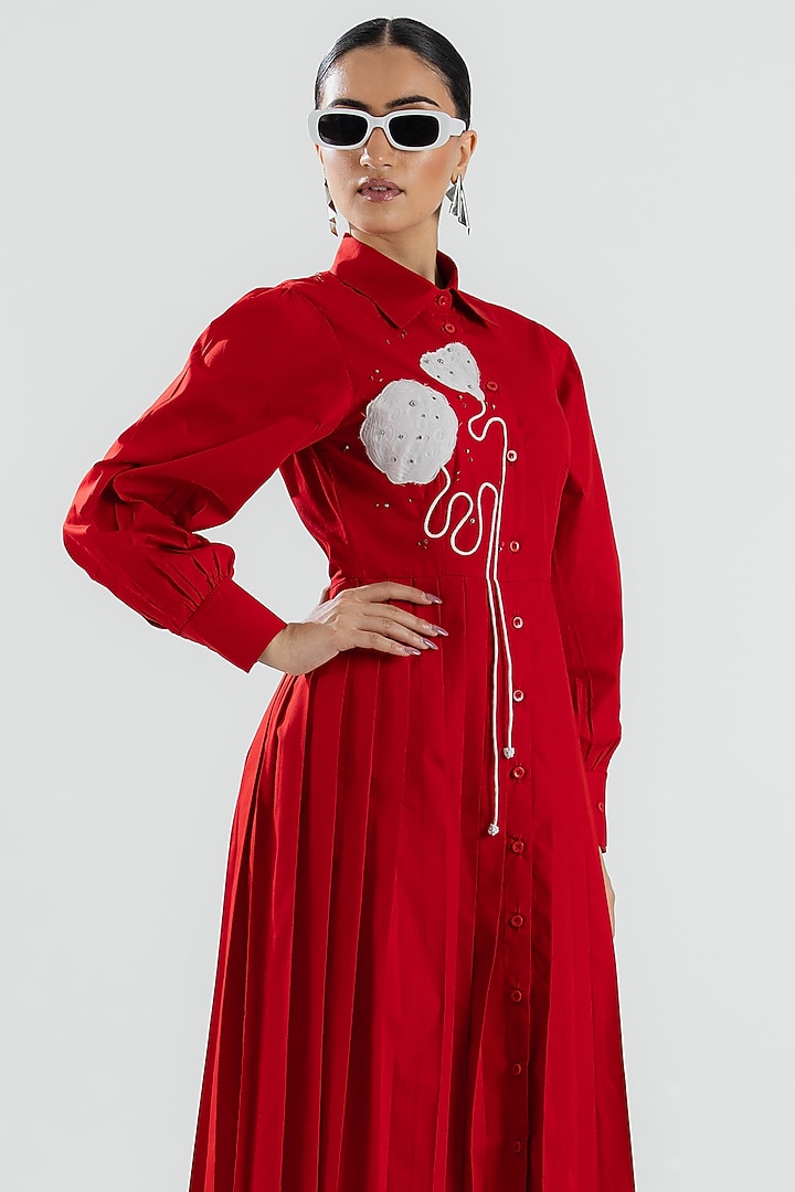 Red Cotton Hand Floral Applique Embroidered Midi Summer Dress by ANGSA BY NIDHIR & SHELLY at Pernia's Pop Up Shop