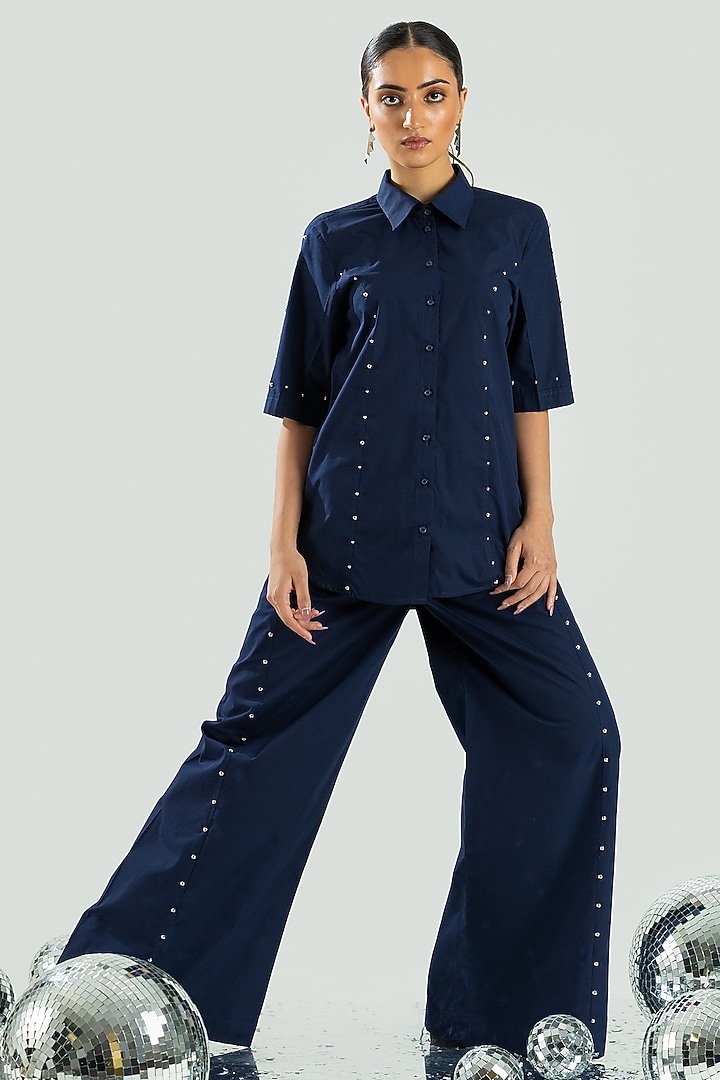 Navy Blue Cotton Stone & Beads Embroidered Co-Ord Set by ANGSA BY NIDHIR & SHELLY at Pernia's Pop Up Shop