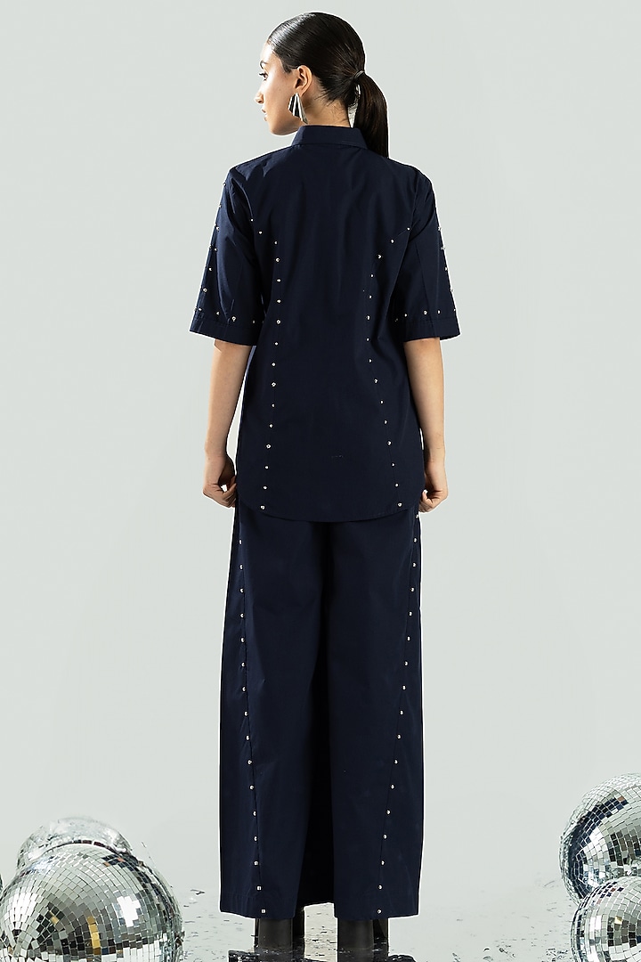 Navy Blue Cotton Stone & Beads Embroidered Co-Ord Set by ANGSA BY NIDHIR & SHELLY at Pernia's Pop Up Shop
