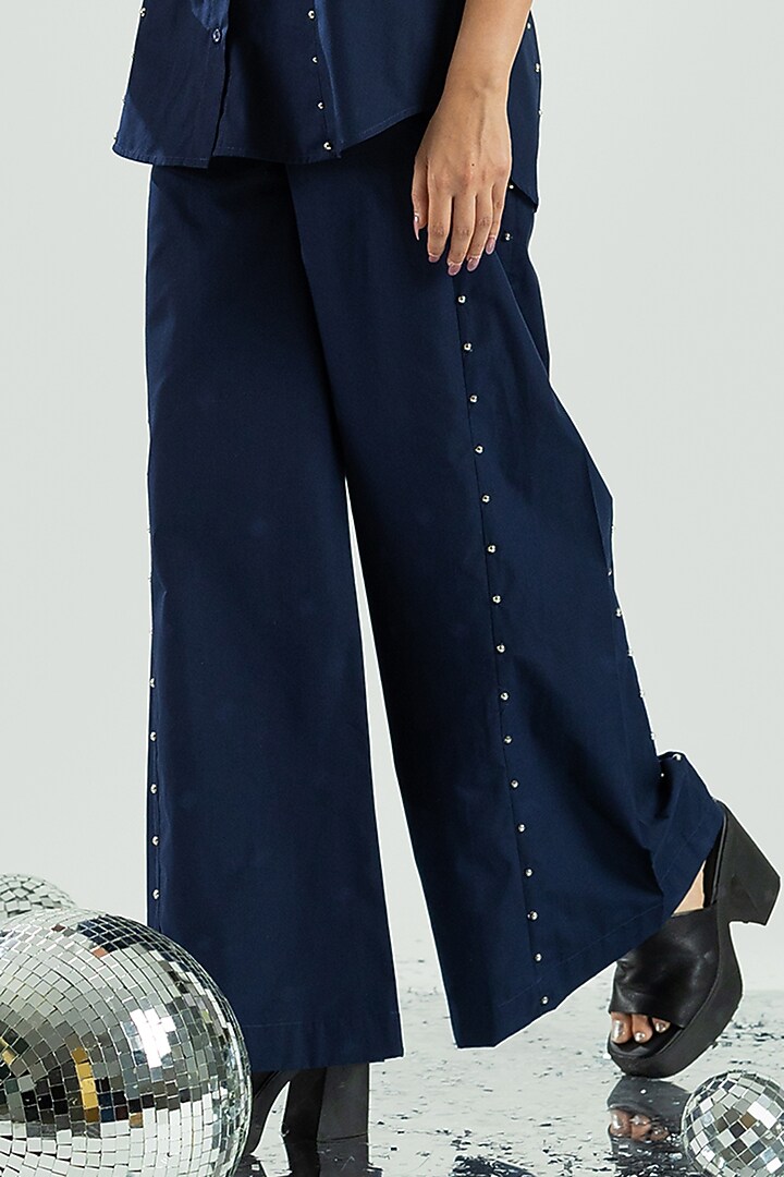 Navy Blue Cotton Stone & Beads Embroidered Co-Ord Set by ANGSA BY NIDHIR & SHELLY at Pernia's Pop Up Shop