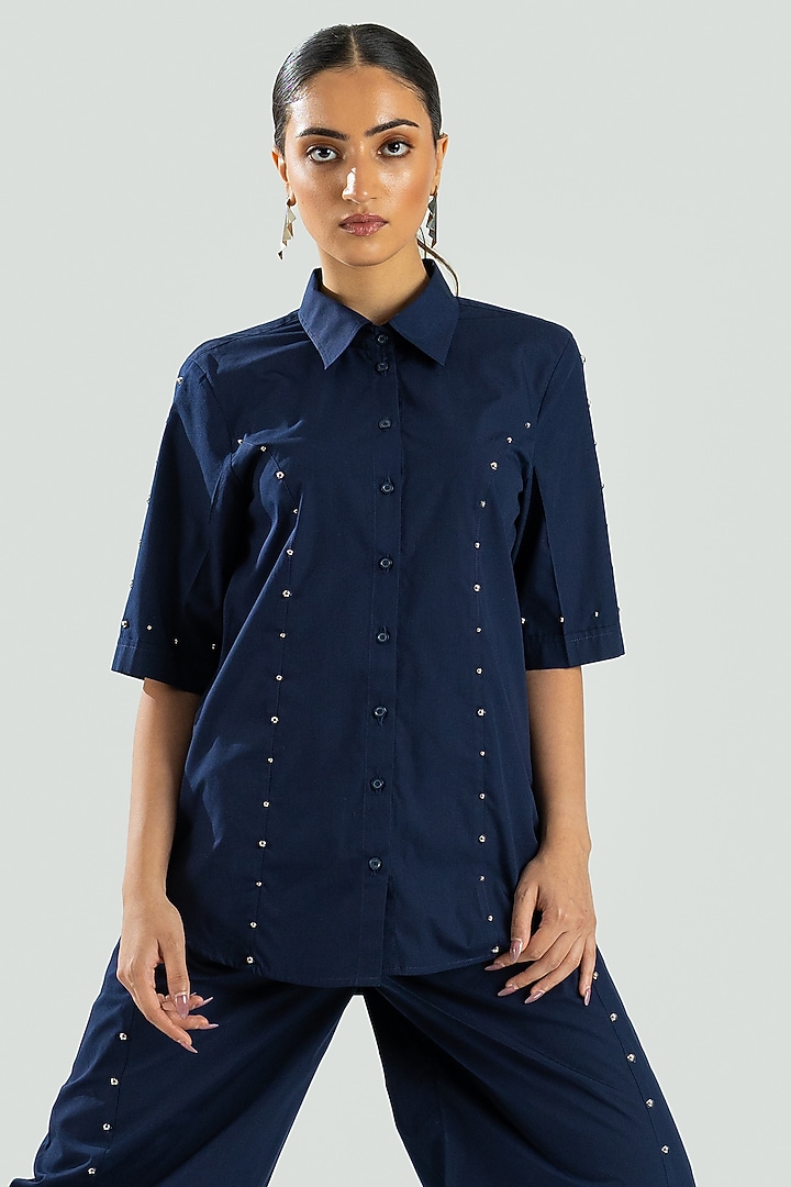 Navy Blue Cotton Stone & Beads Embroidered Co-Ord Set by ANGSA BY NIDHIR & SHELLY at Pernia's Pop Up Shop