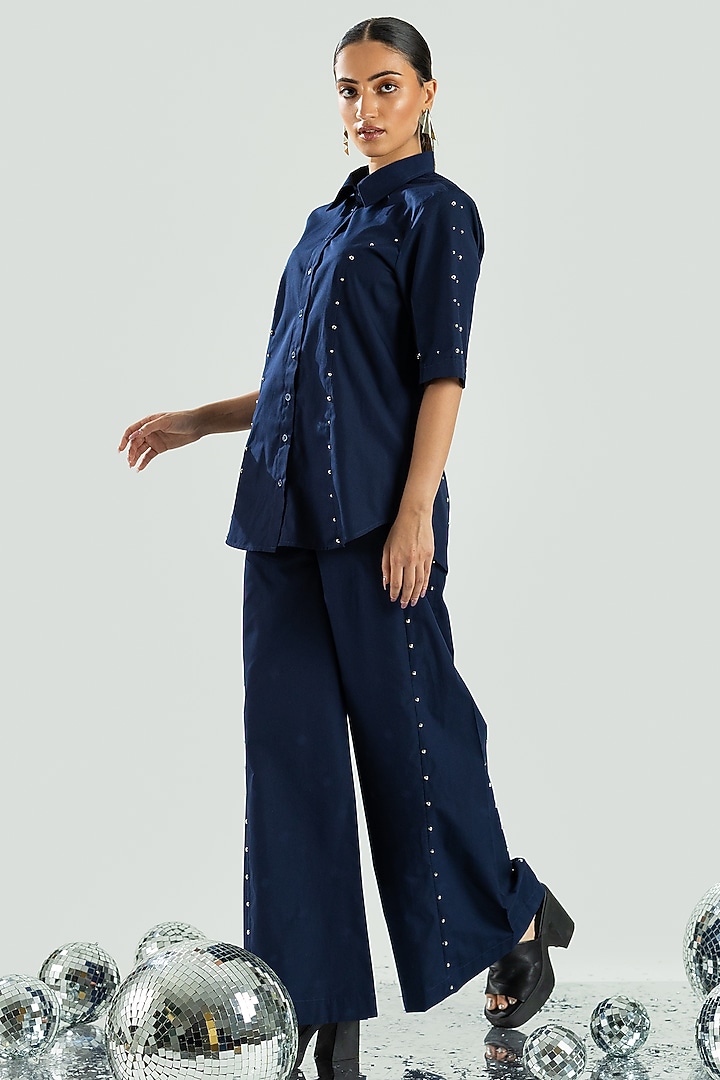 Navy Blue Cotton Stone & Beads Embroidered Co-Ord Set by ANGSA BY NIDHIR & SHELLY at Pernia's Pop Up Shop
