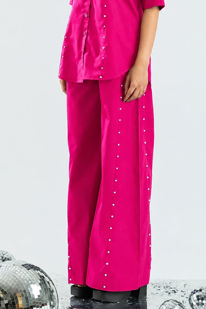 Magenta Cotton Stone & Beads Embroidered Co-Ord Set by ANGSA BY NIDHIR & SHELLY at Pernia's Pop Up Shop