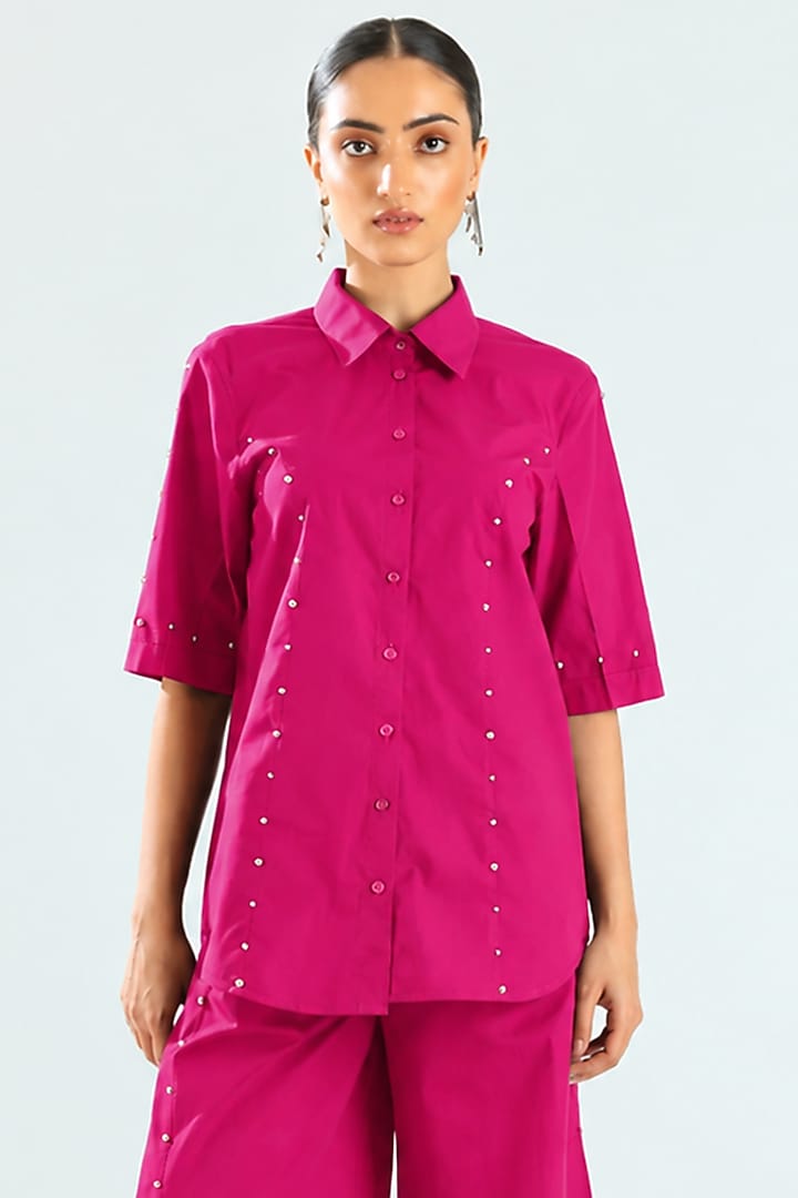 Magenta Cotton Stone & Beads Embroidered Co-Ord Set by ANGSA BY NIDHIR & SHELLY at Pernia's Pop Up Shop