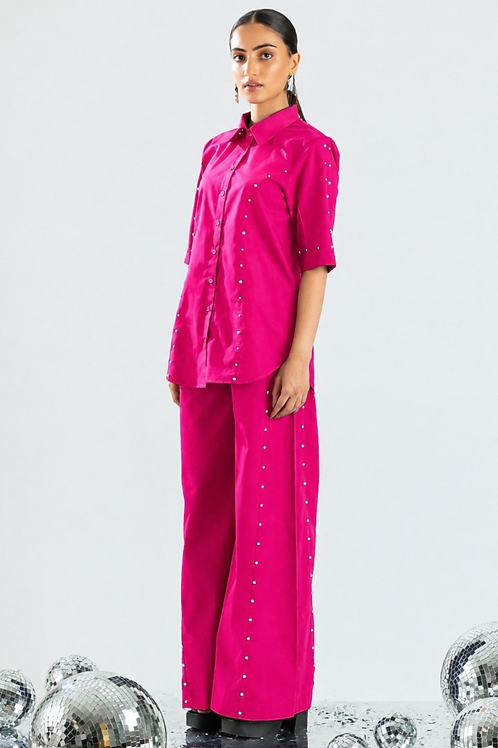 Magenta Cotton Stone & Beads Embroidered Co-Ord Set by ANGSA BY NIDHIR & SHELLY at Pernia's Pop Up Shop