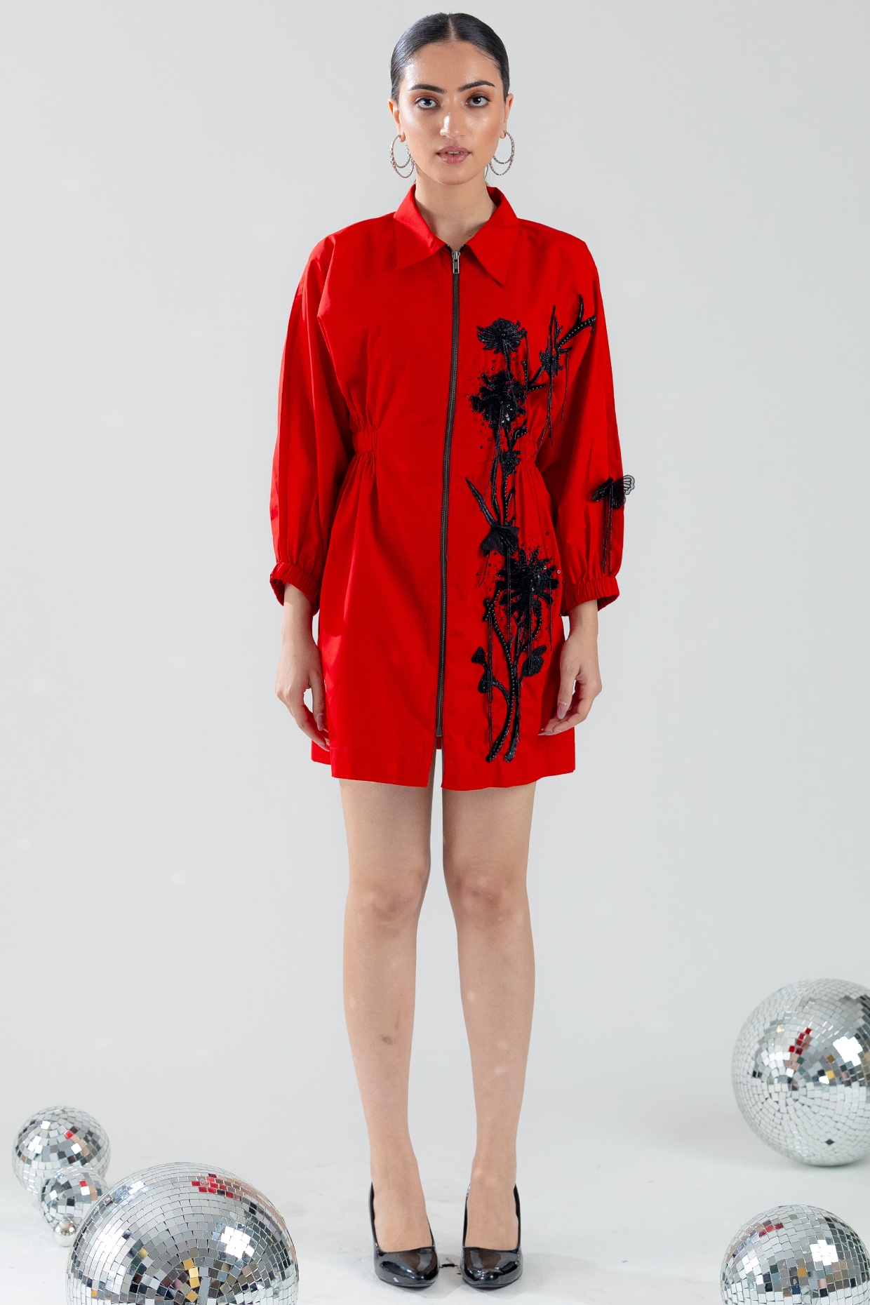 ANGSA BY NIDHIR & SHELLY Red Cotton Hand Floral Embroidered Mini Dress
