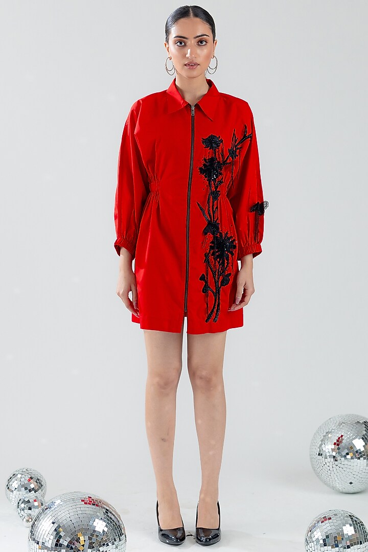 Red Cotton Hand Floral Embroidered Mini Vacation Dress by ANGSA BY NIDHIR & SHELLY at Pernia's Pop Up Shop