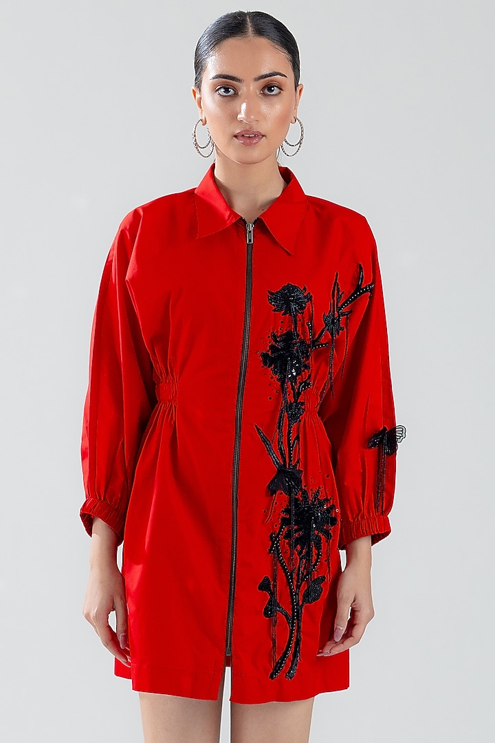 Red Cotton Hand Floral Embroidered Mini Vacation Dress by ANGSA BY NIDHIR & SHELLY at Pernia's Pop Up Shop