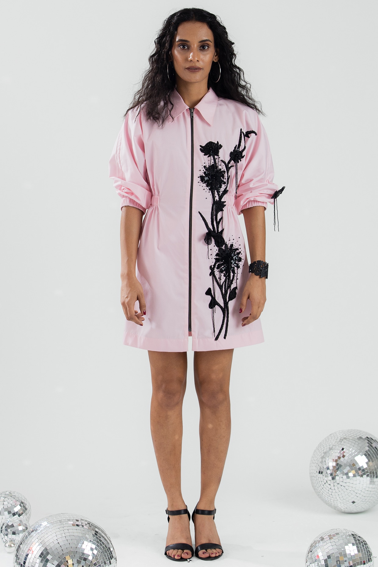 ANGSA BY NIDHIR & SHELLY Baby Pink Cotton Hand Floral Embroidered Mini Dress