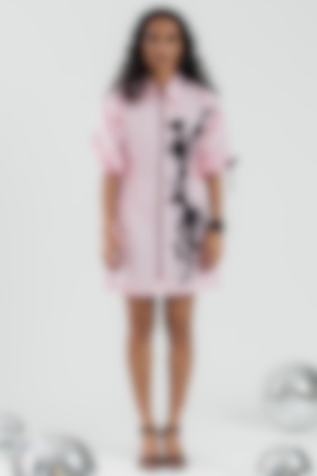 Baby Pink Cotton Hand Floral Embroidered Mini Vacation Dress by ANGSA BY NIDHIR & SHELLY at Pernia's Pop Up Shop