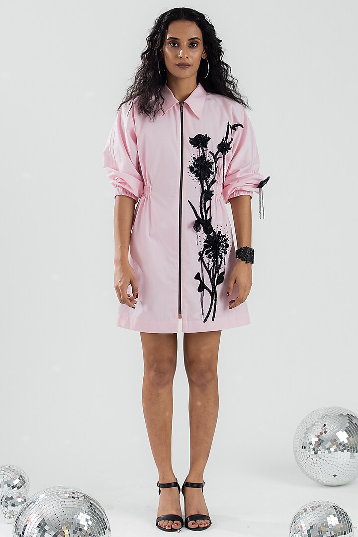 Baby Pink Cotton Hand Floral Embroidered Mini Vacation Dress by ANGSA BY NIDHIR & SHELLY at Pernia's Pop Up Shop