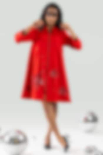 Red Banana Crepe Hand Floral Embroidered Flared Mini Vacation Dress by ANGSA BY NIDHIR & SHELLY at Pernia's Pop Up Shop