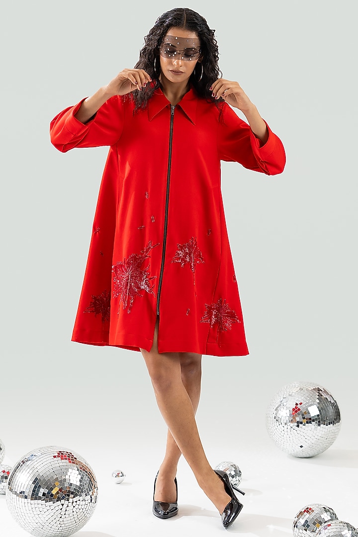 Red Banana Crepe Hand Floral Embroidered Flared Mini Vacation Dress by ANGSA BY NIDHIR & SHELLY at Pernia's Pop Up Shop
