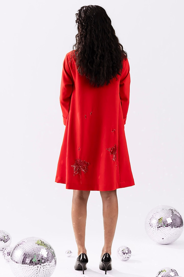 Red Banana Crepe Hand Floral Embroidered Flared Mini Vacation Dress by ANGSA BY NIDHIR & SHELLY at Pernia's Pop Up Shop