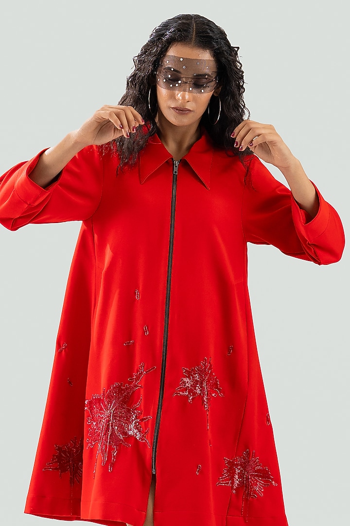 Red Banana Crepe Hand Floral Embroidered Flared Mini Vacation Dress by ANGSA BY NIDHIR & SHELLY at Pernia's Pop Up Shop