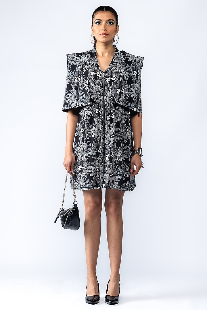 Black Natural Crepe Floral Printed & Embroidered Mini Vacation Dress by ANGSA BY NIDHIR & SHELLY at Pernia's Pop Up Shop