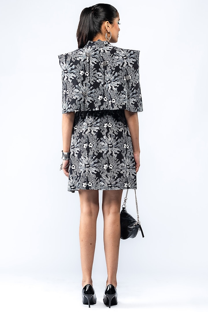 Black Natural Crepe Floral Printed & Embroidered Mini Vacation Dress by ANGSA BY NIDHIR & SHELLY at Pernia's Pop Up Shop