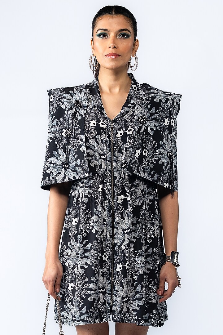 Black Natural Crepe Floral Printed & Embroidered Mini Vacation Dress by ANGSA BY NIDHIR & SHELLY at Pernia's Pop Up Shop